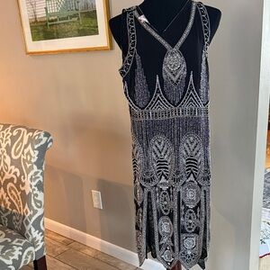 Unique Vintage Black and Silver Beaded Midi Dress